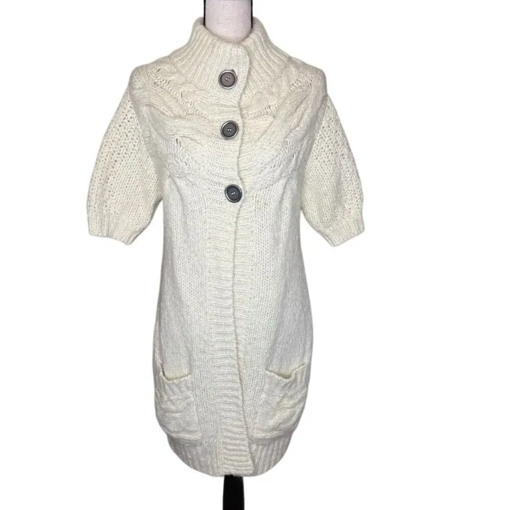 Free People Ivory Chunky Cable Knit Short Sleeve Long Sweater Size S Boho